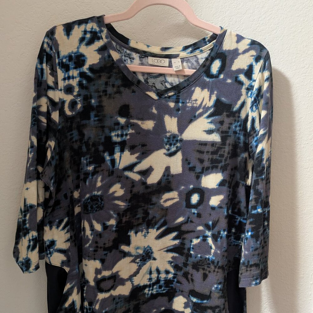 LOGO Lori‎ Goldstein Tunic Top 3/4 Sleeve Pockets Blue-Black-Grey Women SZ XL